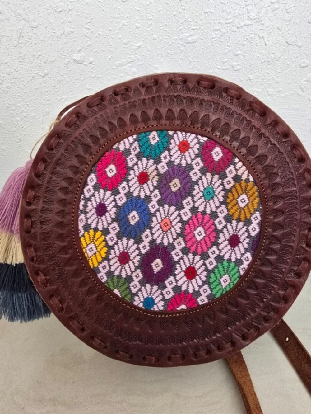 NWT Summer Brown Leather Round Crossbody Bag with Multicolor Floral Embroidery